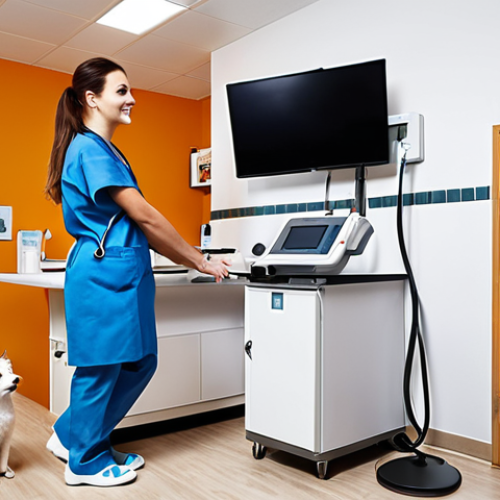 **Veterinary Clinic Interior, Modern Equipment:** A bright and clean veterinary clinic reception area. Focus on modern diagnostic equipment (digital X-ray, ultrasound machine) in the background. Happy pet owners with their animals (dogs, cats) are interacting with a friendly veterinarian (male or female, wearing scrubs). Warm, inviting atmosphere. High detail, professional photography.