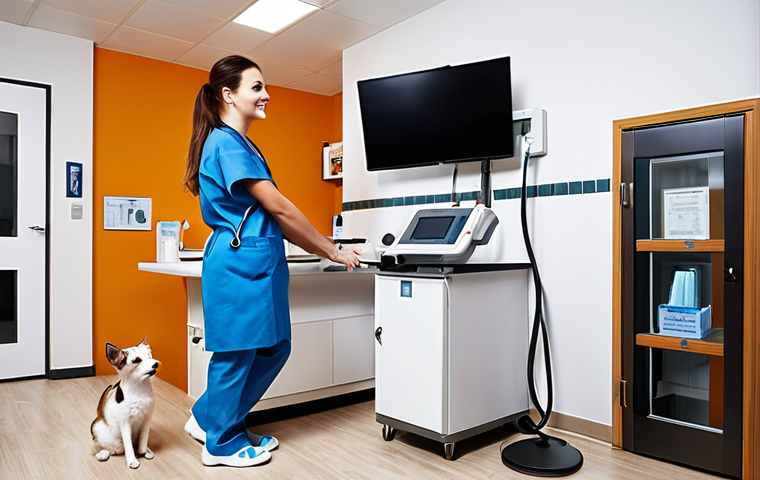**Veterinary Clinic Interior, Modern Equipment:** A bright and clean veterinary clinic reception area. Focus on modern diagnostic equipment (digital X-ray, ultrasound machine) in the background. Happy pet owners with their animals (dogs, cats) are interacting with a friendly veterinarian (male or female, wearing scrubs). Warm, inviting atmosphere. High detail, professional photography.