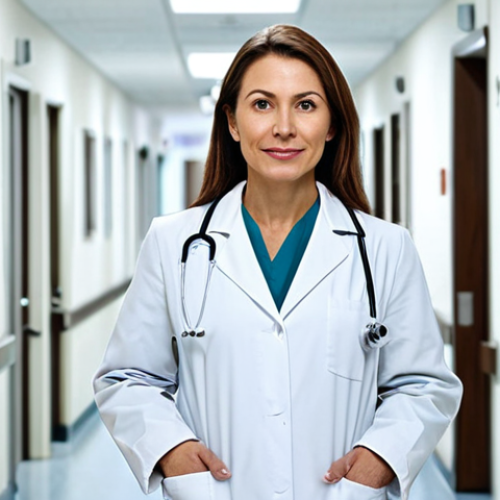 **

"A professional female doctor in a fully clothed, modest white coat, standing in a well-lit hospital corridor, appropriate attire, safe for work, perfect anatomy, natural proportions, professional medical photography, high quality, family-friendly."

**