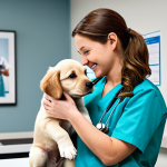 "A friendly veterinarian in a clean clinic, examining a happy, fully clothed child holding a healthy puppy, appropriate content, safe for work, professional setting, natural body proportions, proper finger count"
