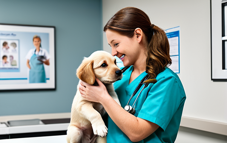 "A friendly veterinarian in a clean clinic, examining a happy, fully clothed child holding a healthy puppy, appropriate content, safe for work, professional setting, natural body proportions, proper finger count"